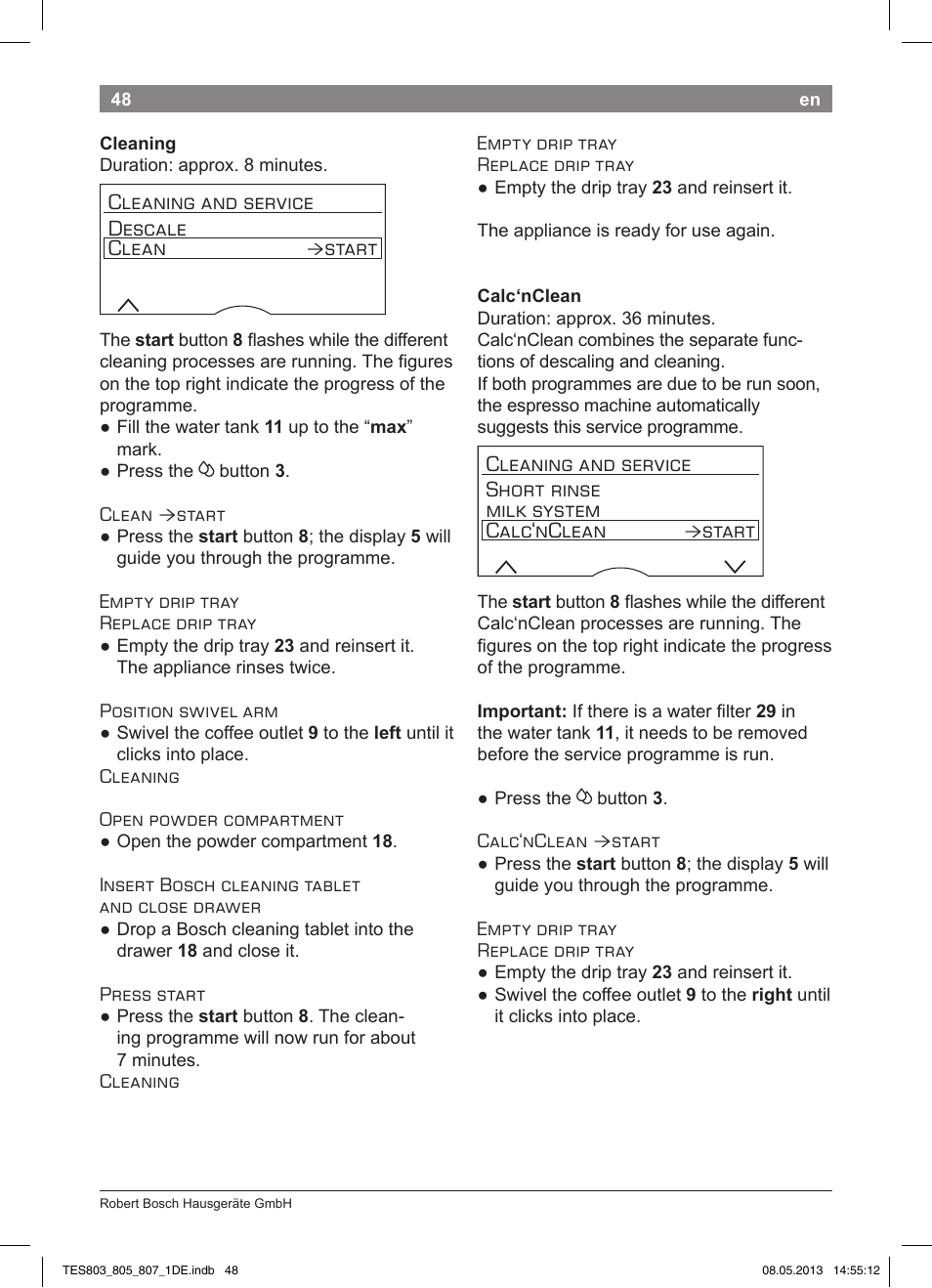 Cleaning and service descale clean, Start | Bosch TES80751DE VeroSelection 700 Kaffeevollautomat Edelstahl User Manual | Page 52 / 116