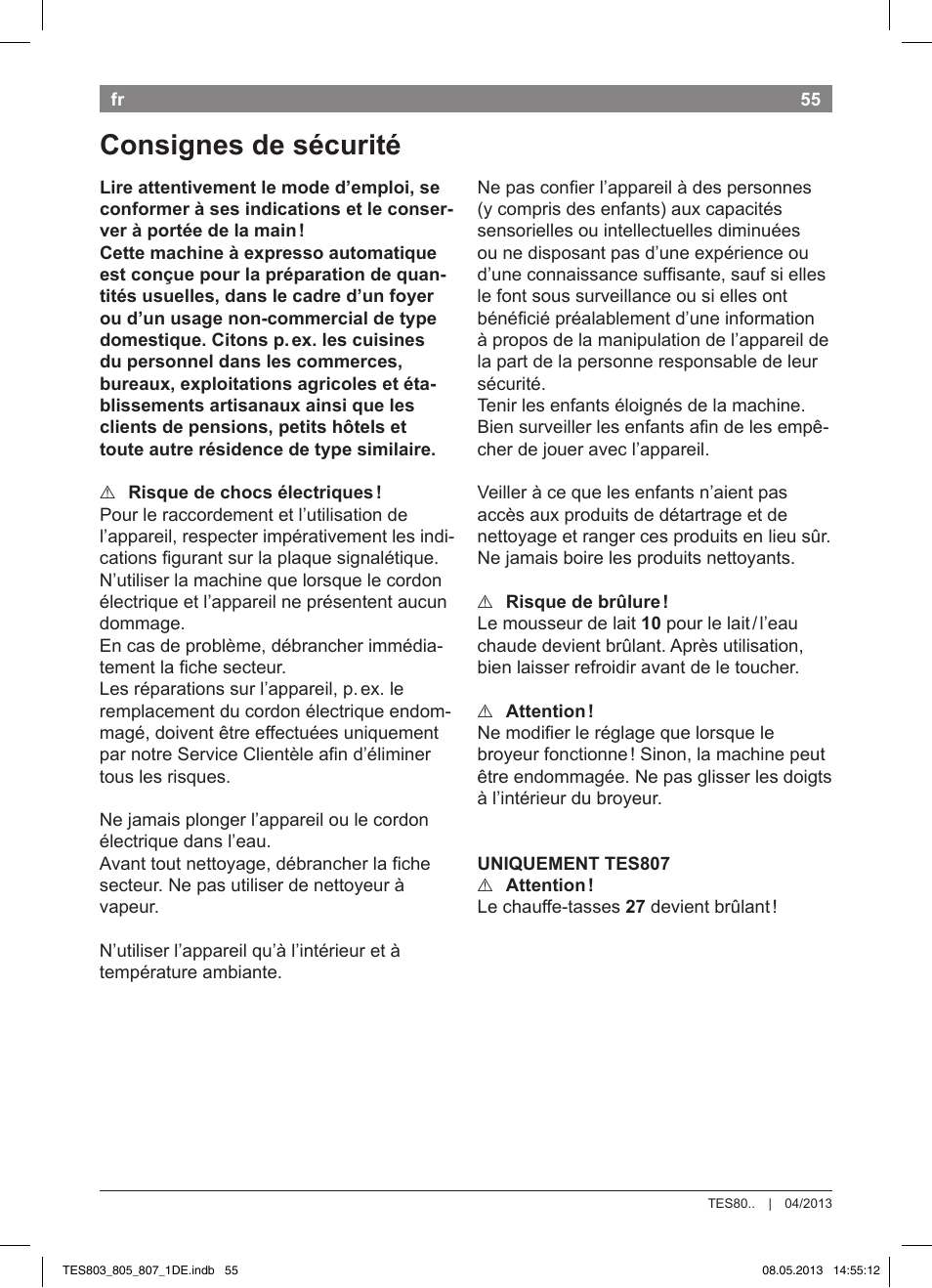 Consignes de sécurité | Bosch TES80751DE VeroSelection 700 Kaffeevollautomat Edelstahl User Manual | Page 59 / 116