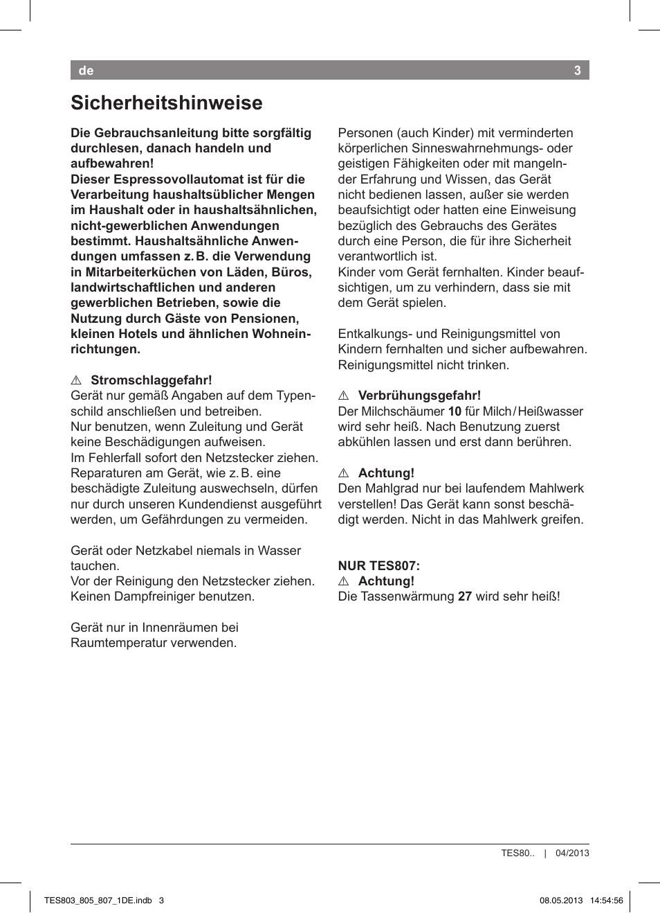 Sicherheitshinweise | Bosch TES80751DE VeroSelection 700 Kaffeevollautomat Edelstahl User Manual | Page 7 / 116