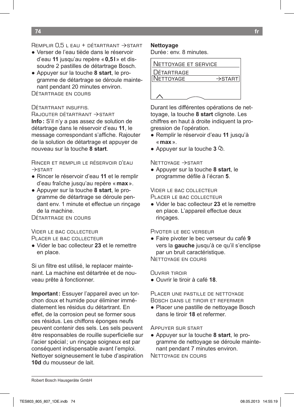 Nettoyage et service détartrage nettoyage, Start | Bosch TES80751DE VeroSelection 700 Kaffeevollautomat Edelstahl User Manual | Page 78 / 116