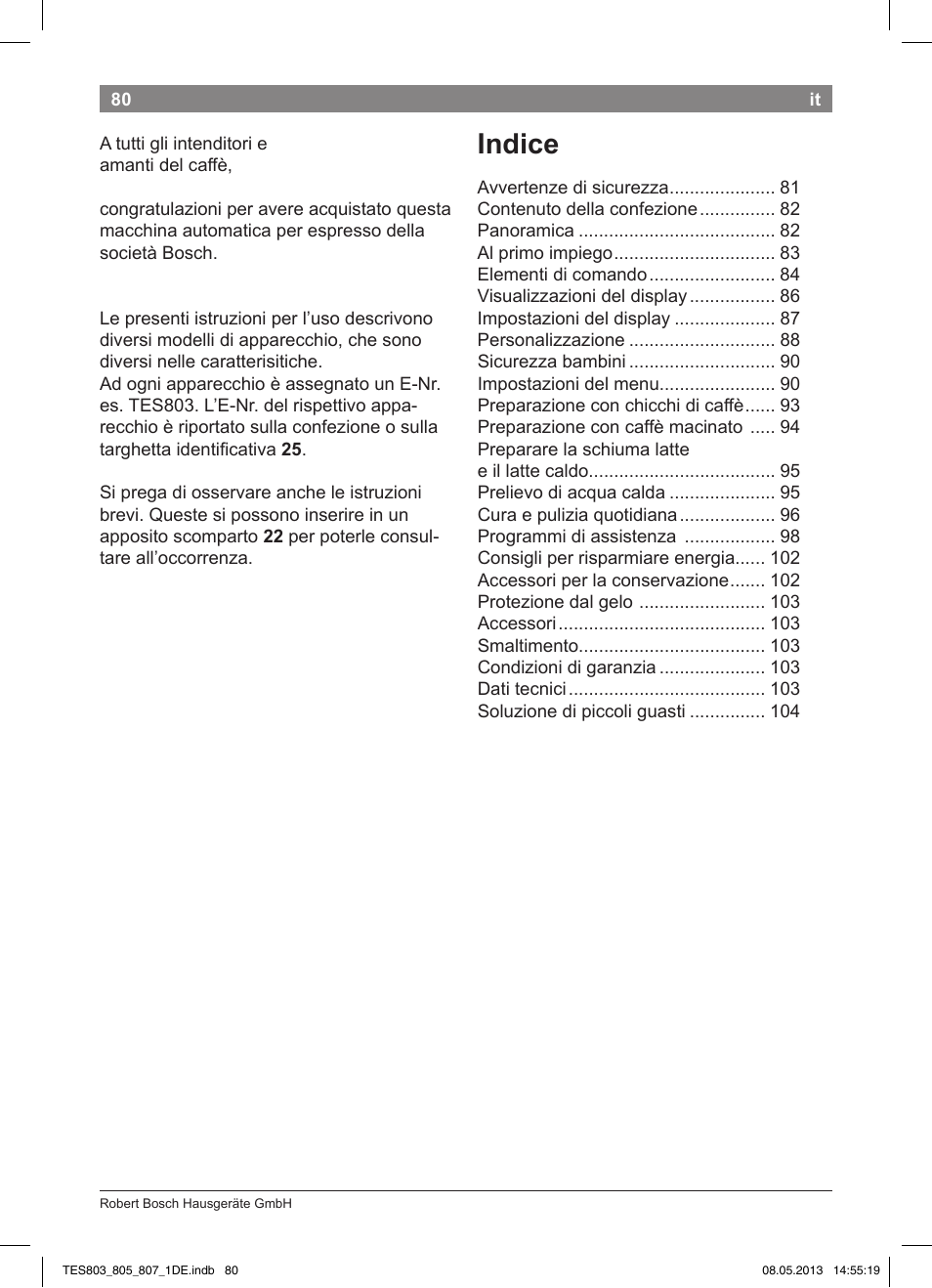 Indice | Bosch TES80751DE VeroSelection 700 Kaffeevollautomat Edelstahl User Manual | Page 84 / 116