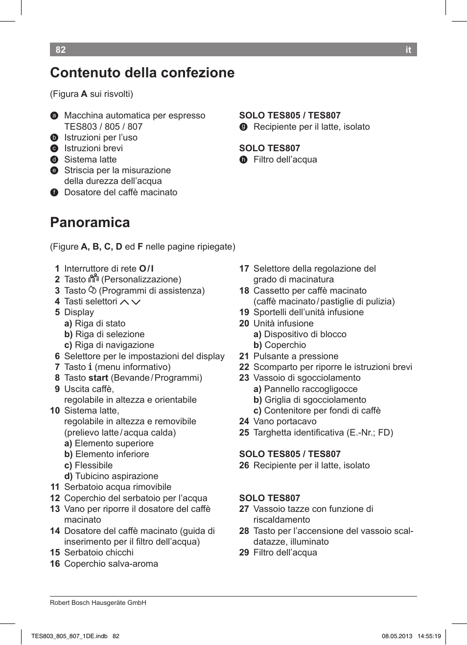 Panoramica, Contenuto della confezione | Bosch TES80751DE VeroSelection 700 Kaffeevollautomat Edelstahl User Manual | Page 86 / 116