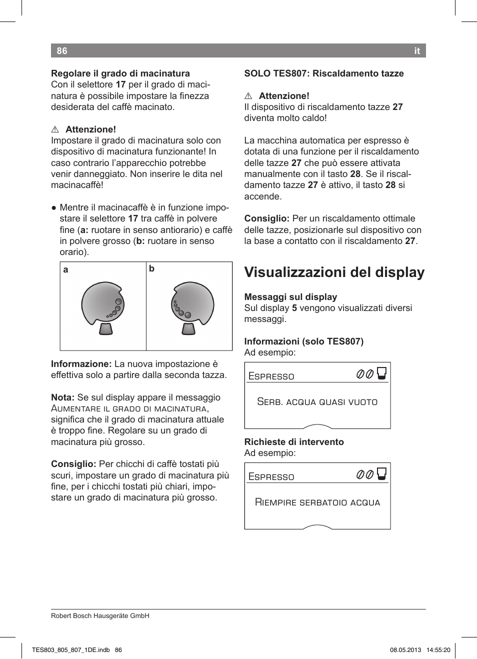 Visualizzazioni del display | Bosch TES80751DE VeroSelection 700 Kaffeevollautomat Edelstahl User Manual | Page 90 / 116