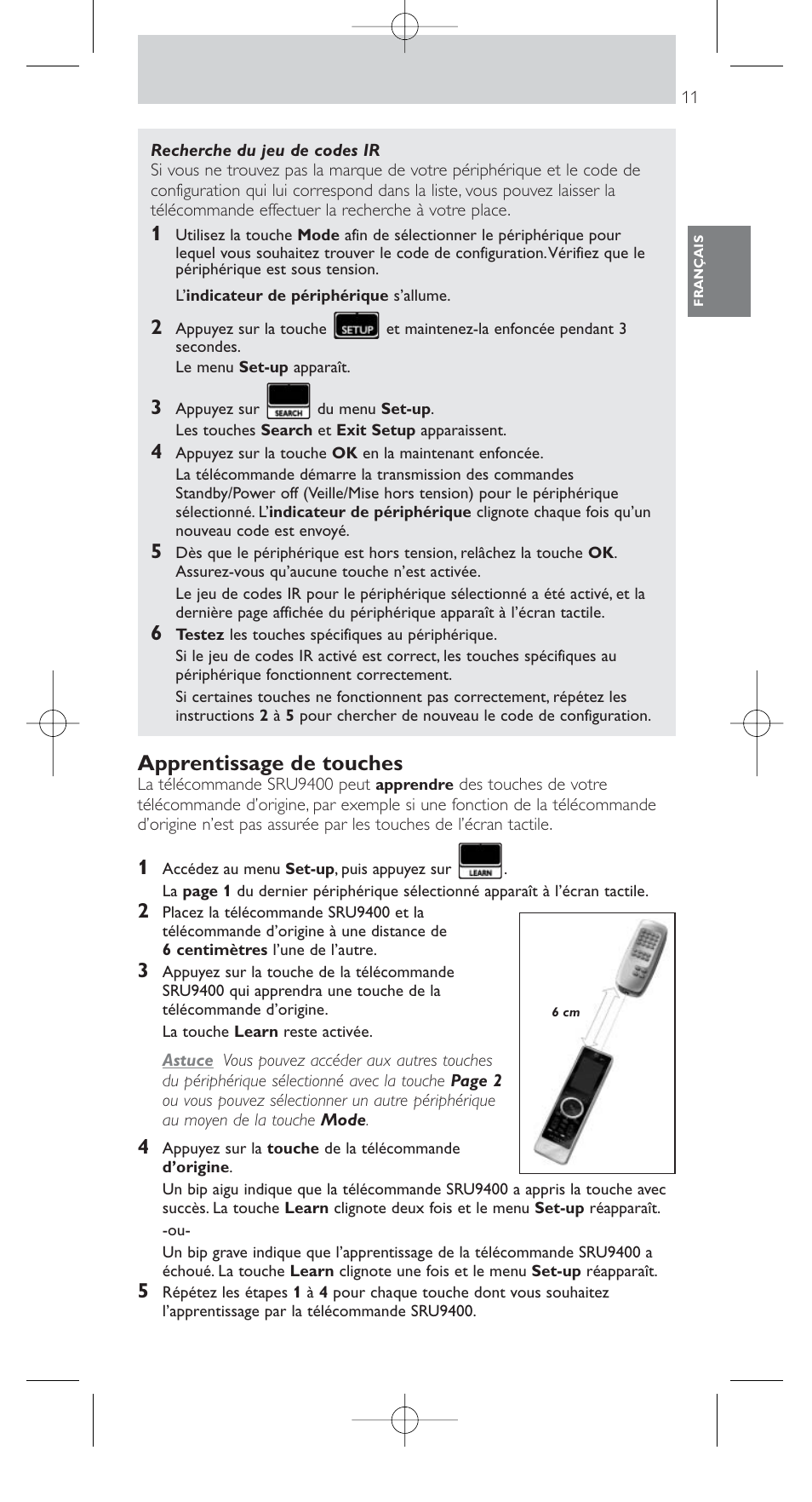 Apprentissage de touches | Philips SRU9400 User Manual | Page 11 / 96