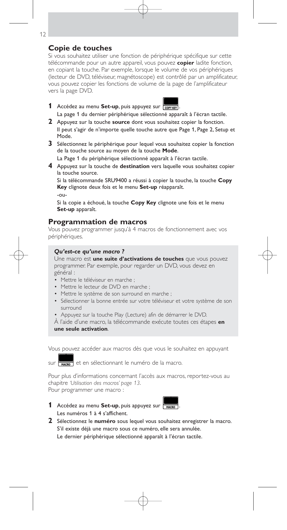 Copie de touches, Programmation de macros | Philips SRU9400 User Manual | Page 12 / 96