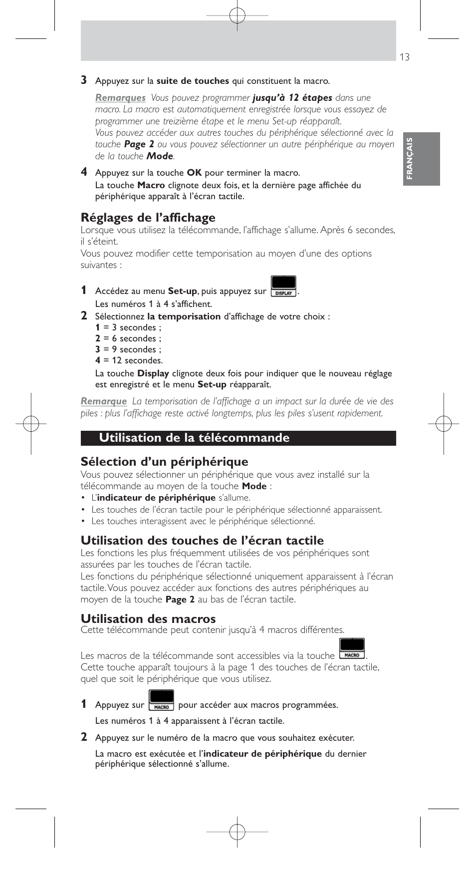Réglages de l’affichage, Utilisation des touches de l’écran tactile, Utilisation des macros | Philips SRU9400 User Manual | Page 13 / 96