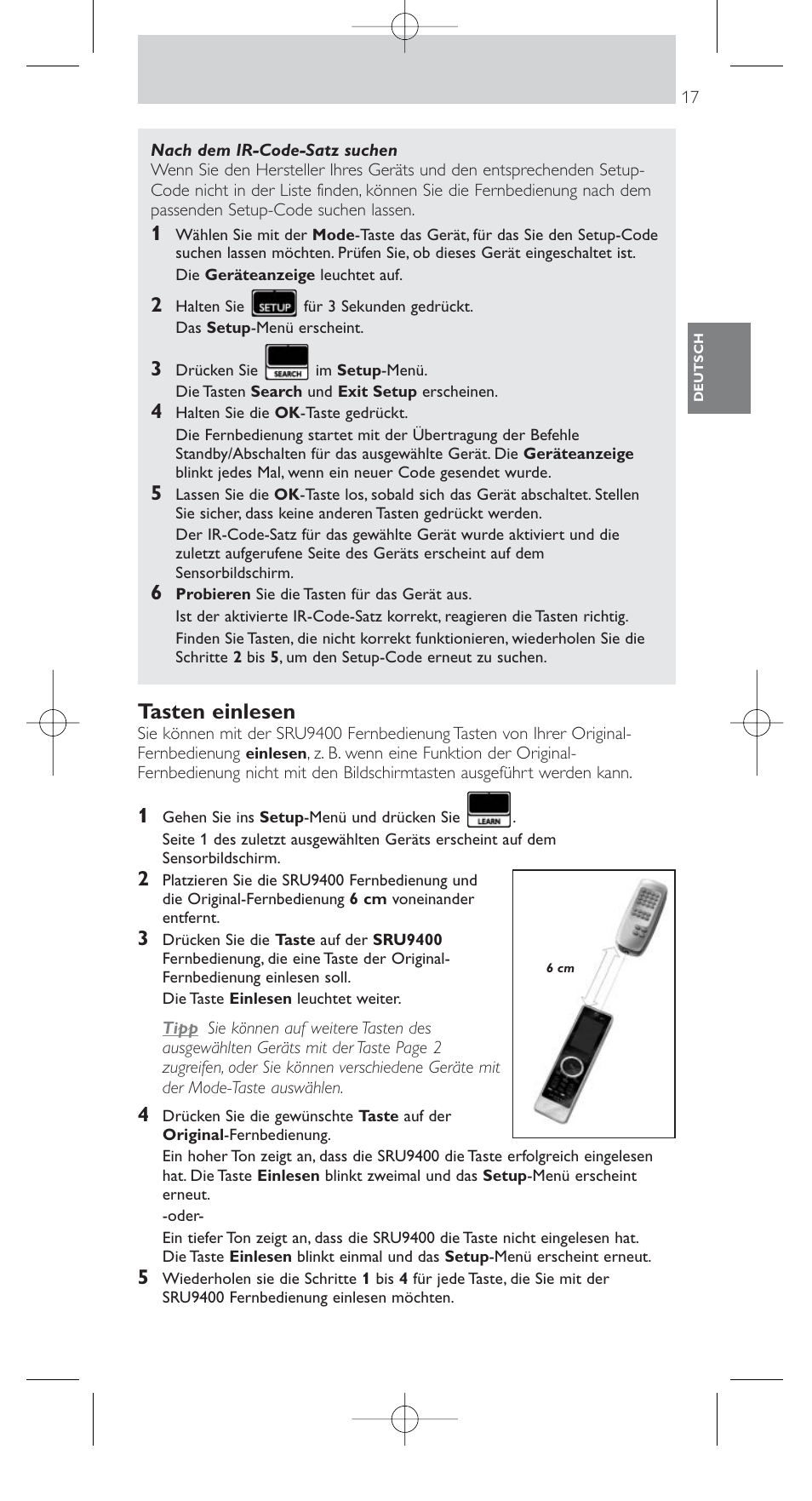 Tasten einlesen | Philips SRU9400 User Manual | Page 17 / 96