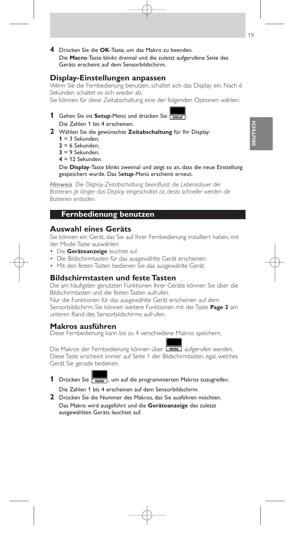 Display-einstellungen anpassen, Fernbedienung benutzen auswahl eines geräts, Bildschirmtasten und feste tasten | Makros ausführen | Philips SRU9400 User Manual | Page 19 / 96