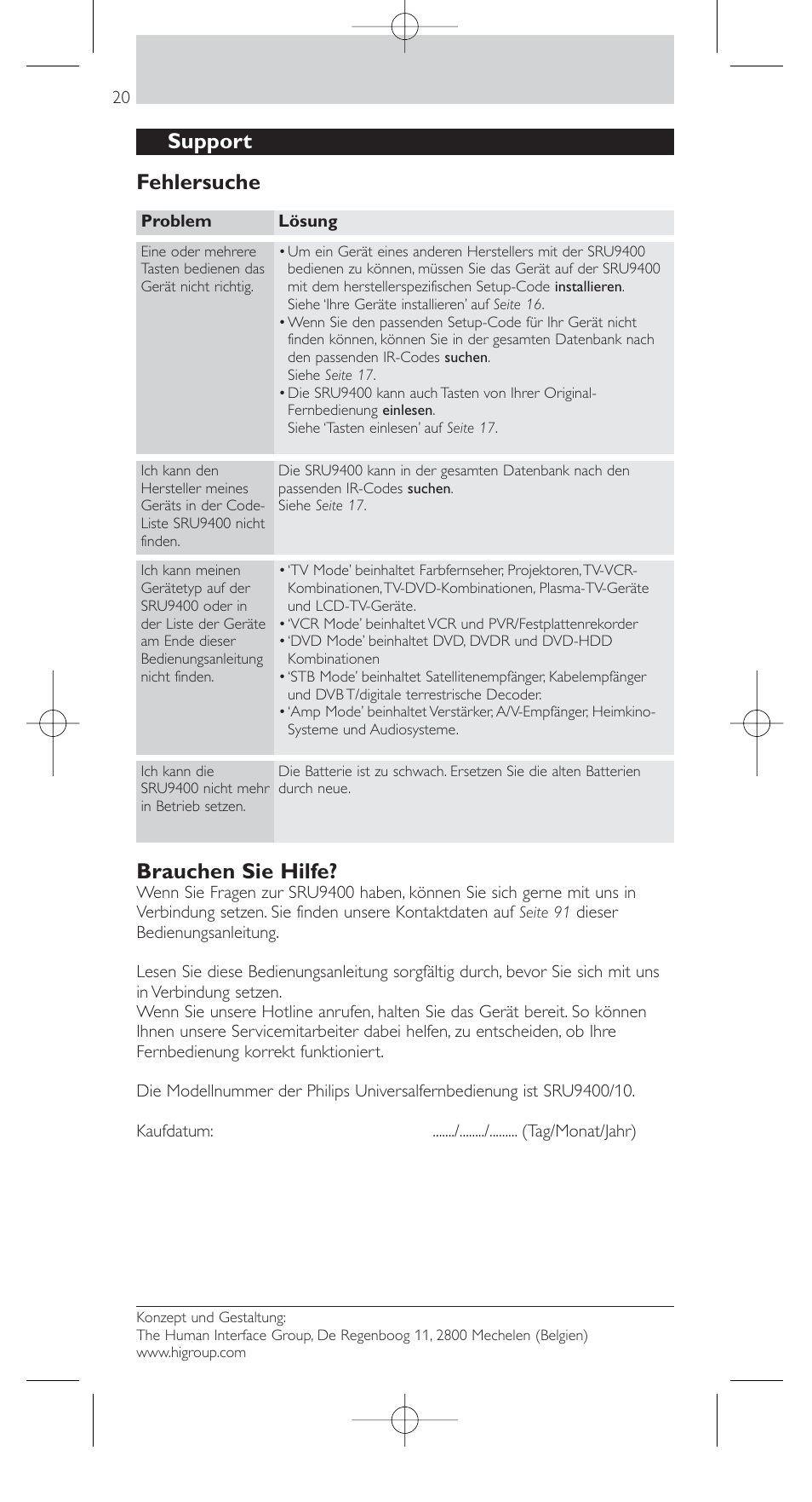 Support fehlersuche brauchen sie hilfe | Philips SRU9400 User Manual | Page 20 / 96