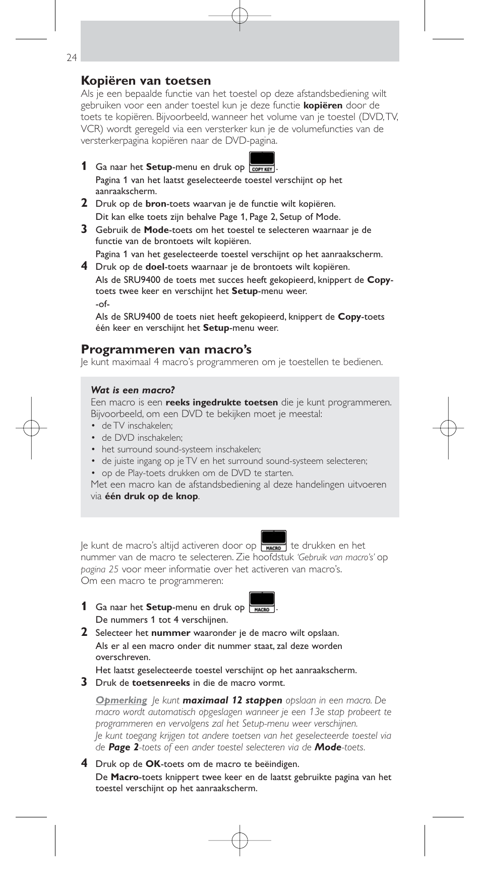 Kopiëren van toetsen, Programmeren van macro’s | Philips SRU9400 User Manual | Page 24 / 96