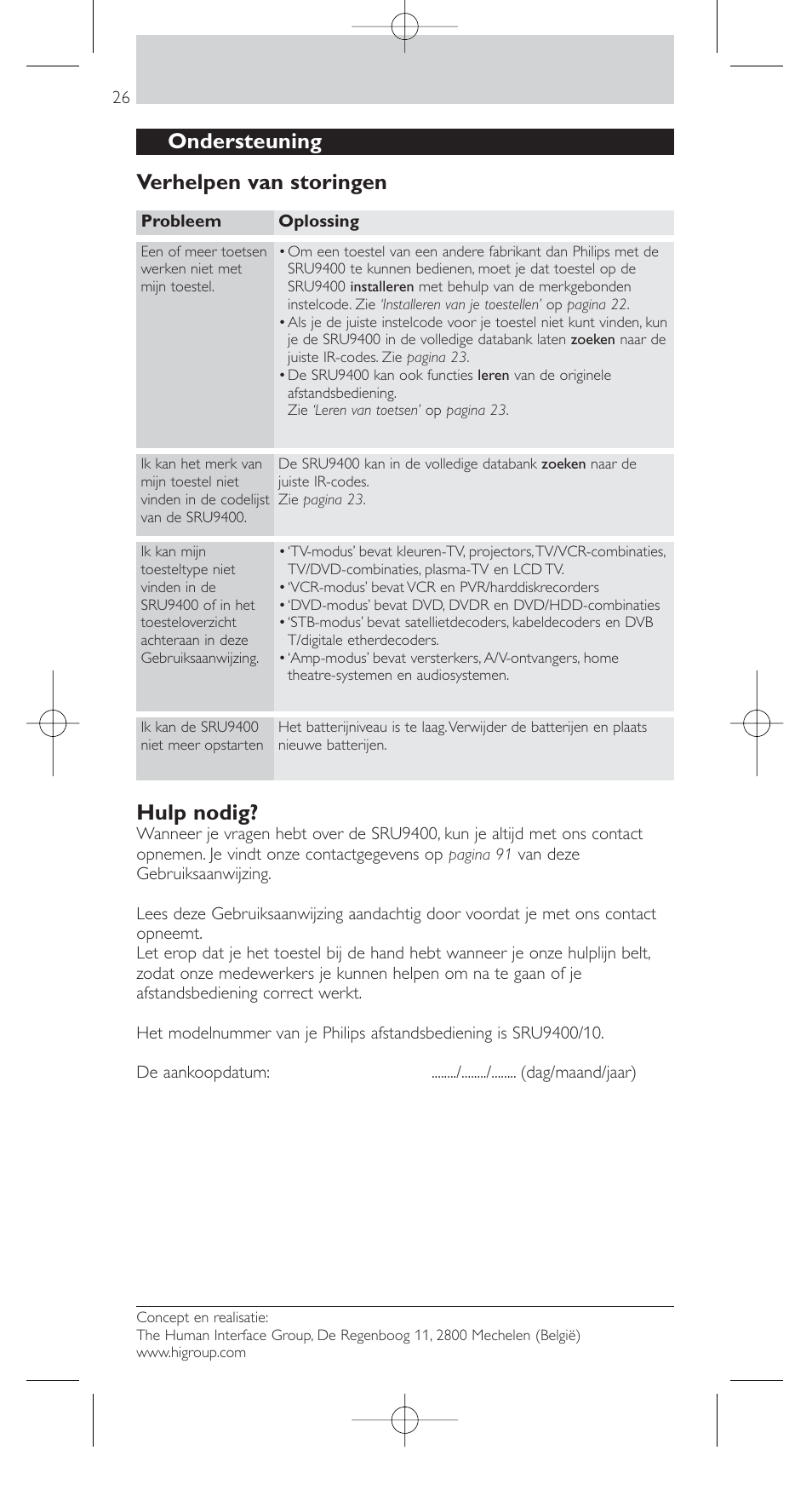 Ondersteuning verhelpen van storingen, Hulp nodig | Philips SRU9400 User Manual | Page 26 / 96