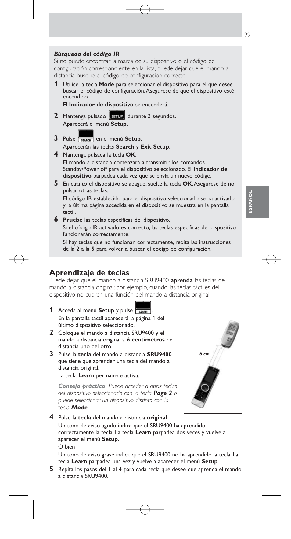 Aprendizaje de teclas | Philips SRU9400 User Manual | Page 29 / 96