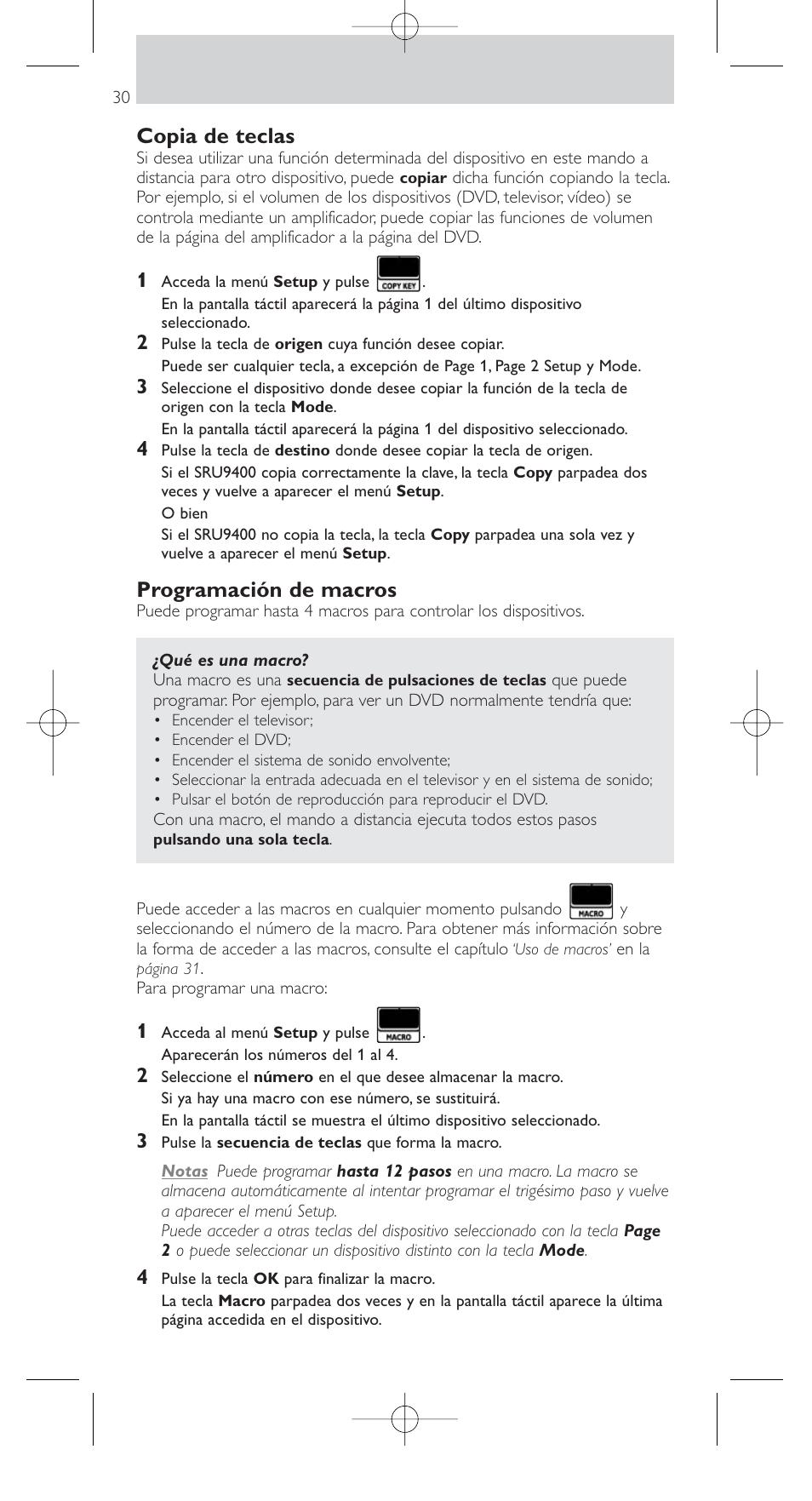 Copia de teclas, Programación de macros | Philips SRU9400 User Manual | Page 30 / 96