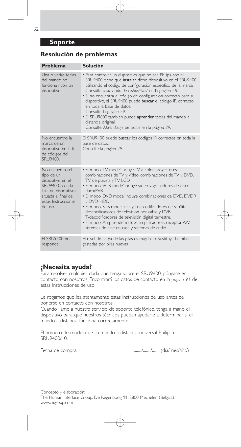 Soporte resolución de problemas, Necesita ayuda | Philips SRU9400 User Manual | Page 32 / 96