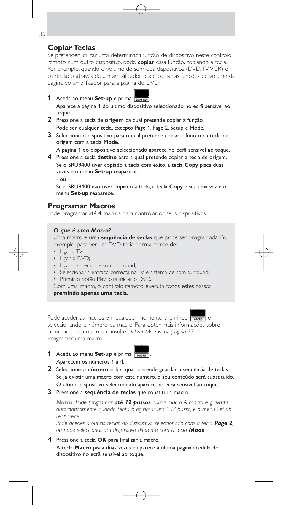 Copiar teclas, Programar macros | Philips SRU9400 User Manual | Page 36 / 96