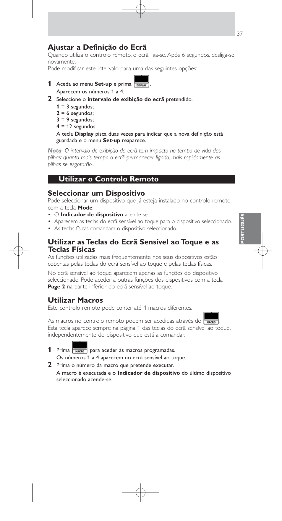 Ajustar a definição do ecrã, Utilizar macros | Philips SRU9400 User Manual | Page 37 / 96