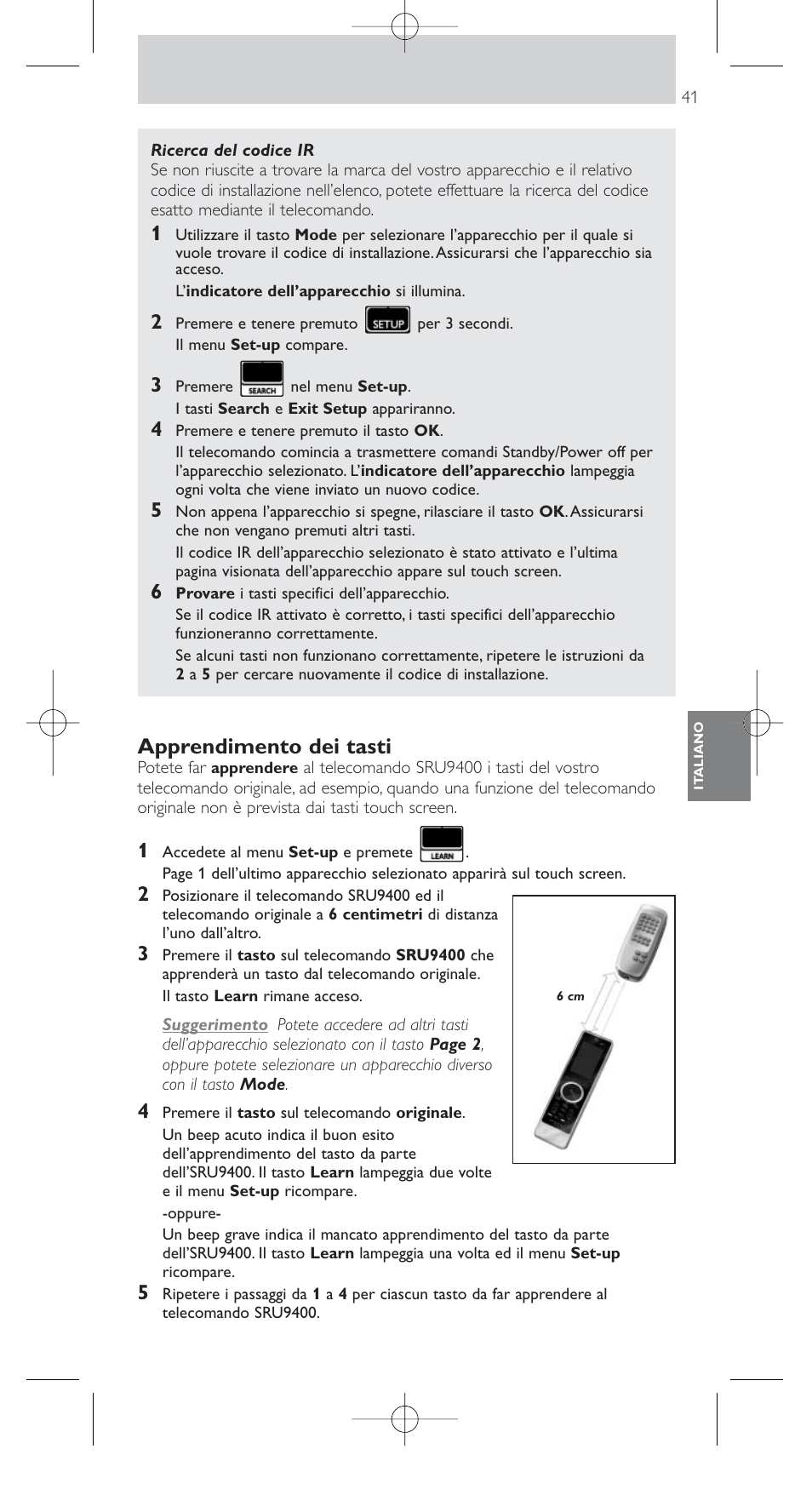 Apprendimento dei tasti | Philips SRU9400 User Manual | Page 41 / 96