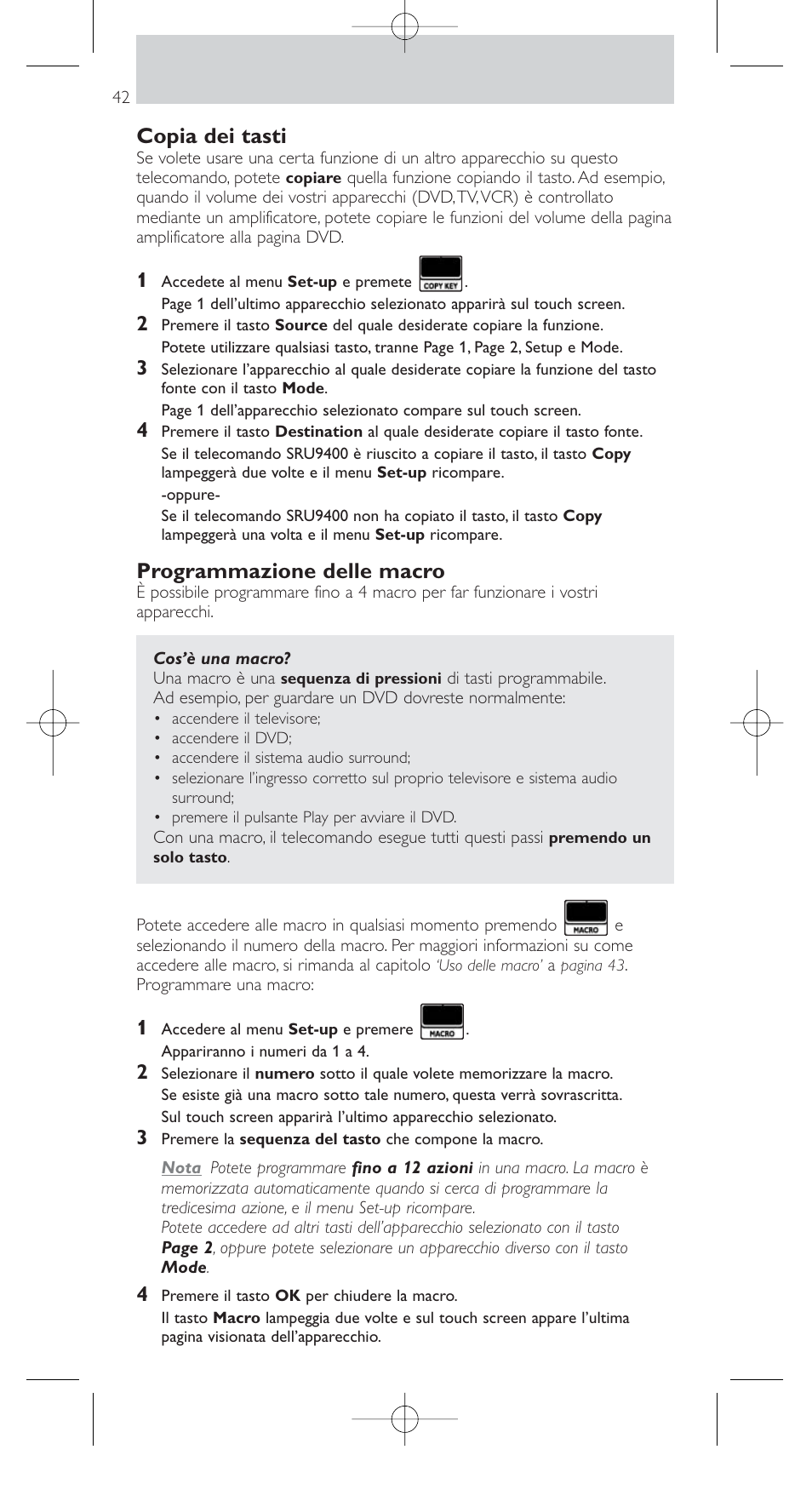 Copia dei tasti, Programmazione delle macro | Philips SRU9400 User Manual | Page 42 / 96