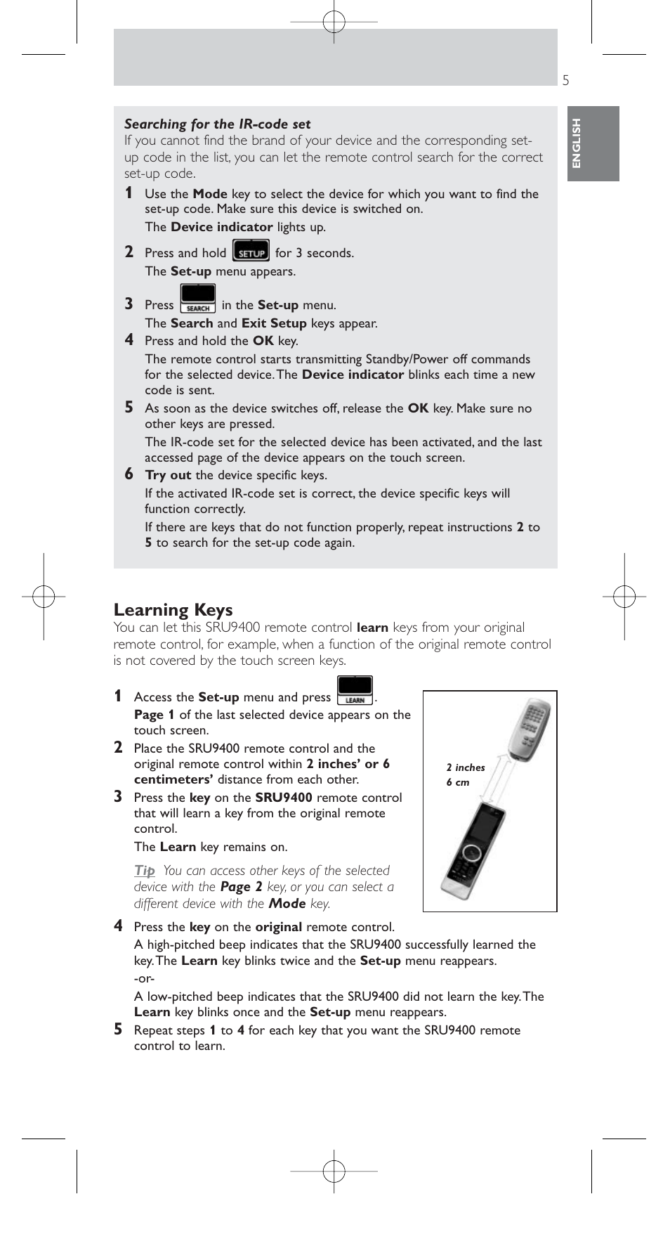 Learning keys | Philips SRU9400 User Manual | Page 5 / 96