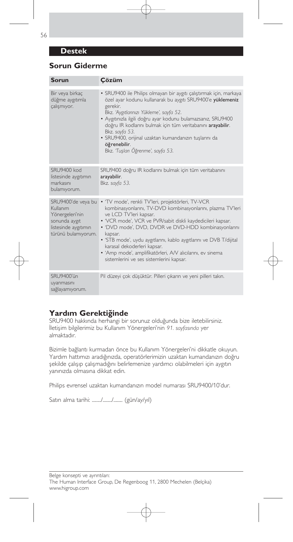 Destek sorun giderme, Yardım gerekti¥inde | Philips SRU9400 User Manual | Page 56 / 96