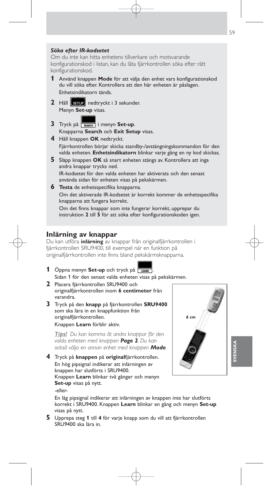 Inlärning av knappar | Philips SRU9400 User Manual | Page 59 / 96