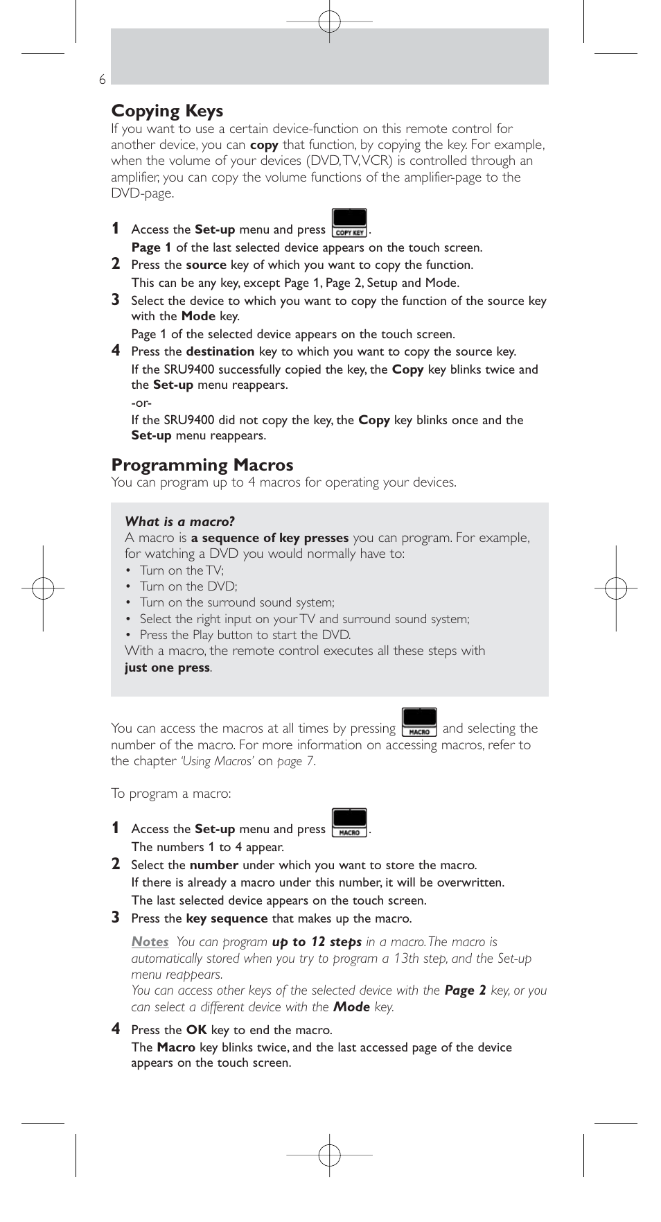 Copying keys, Programming macros | Philips SRU9400 User Manual | Page 6 / 96