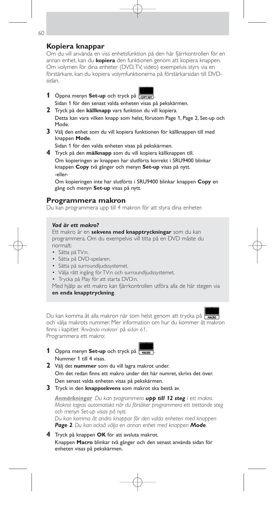 Kopiera knappar, Programmera makron | Philips SRU9400 User Manual | Page 60 / 96
