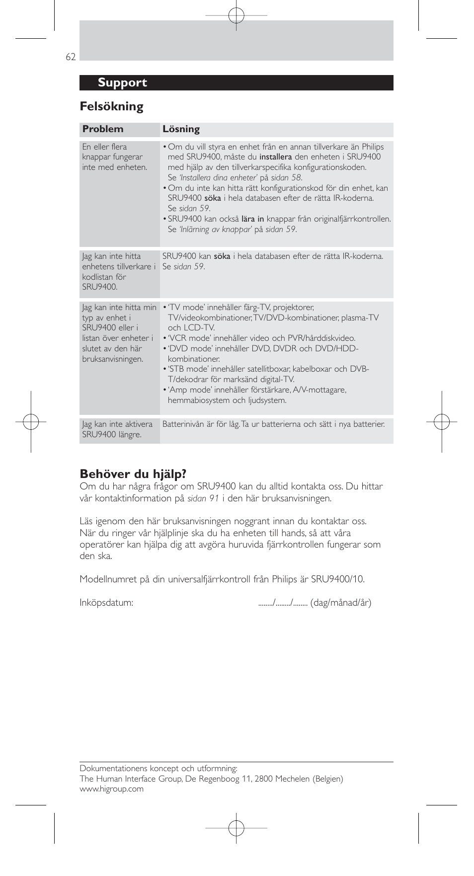 Support felsökning, Behöver du hjälp | Philips SRU9400 User Manual | Page 62 / 96