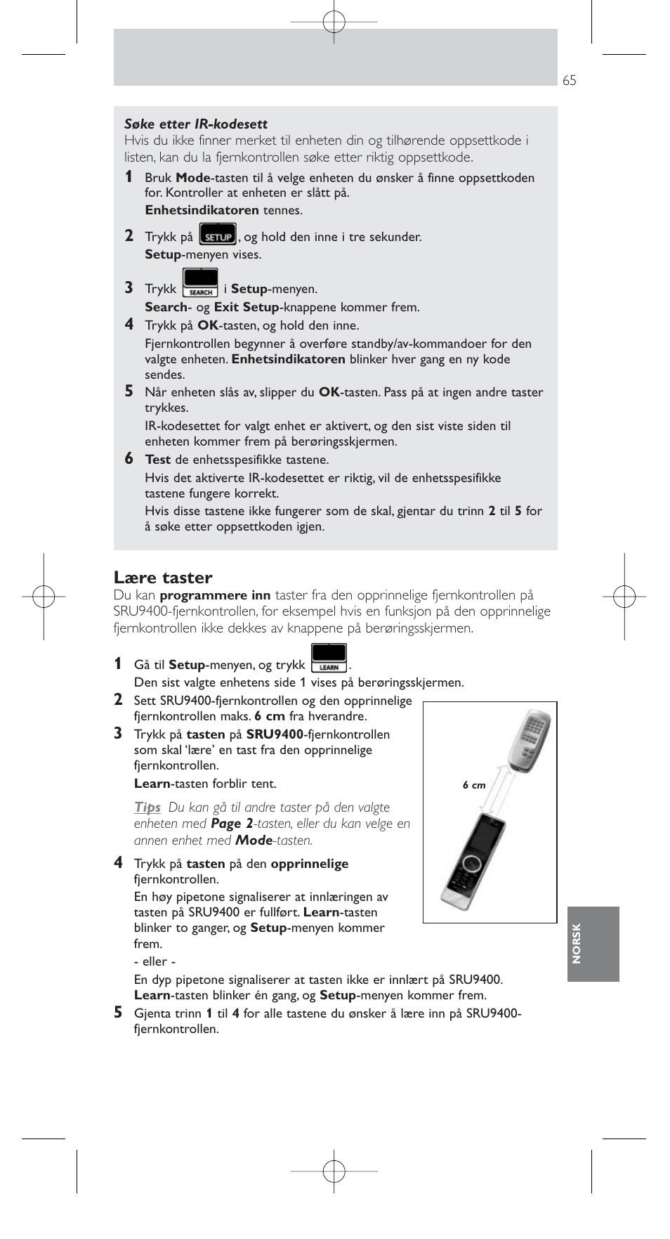 Lære taster | Philips SRU9400 User Manual | Page 65 / 96