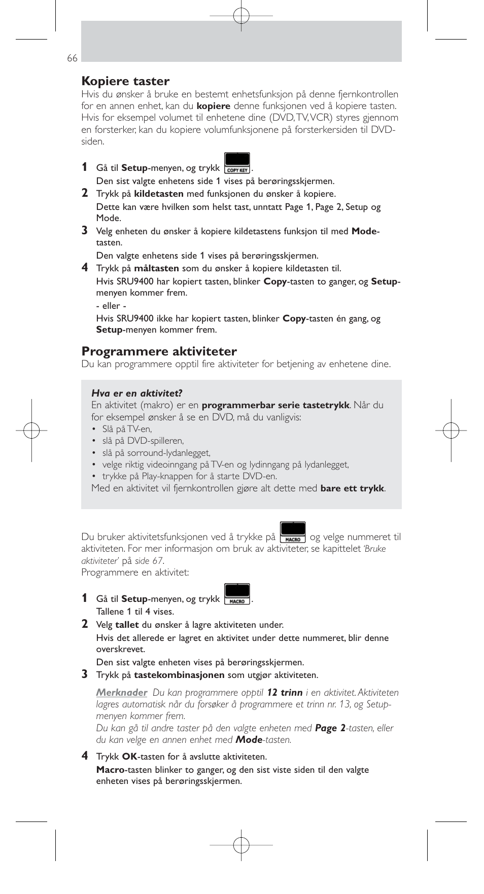 Kopiere taster, Programmere aktiviteter | Philips SRU9400 User Manual | Page 66 / 96