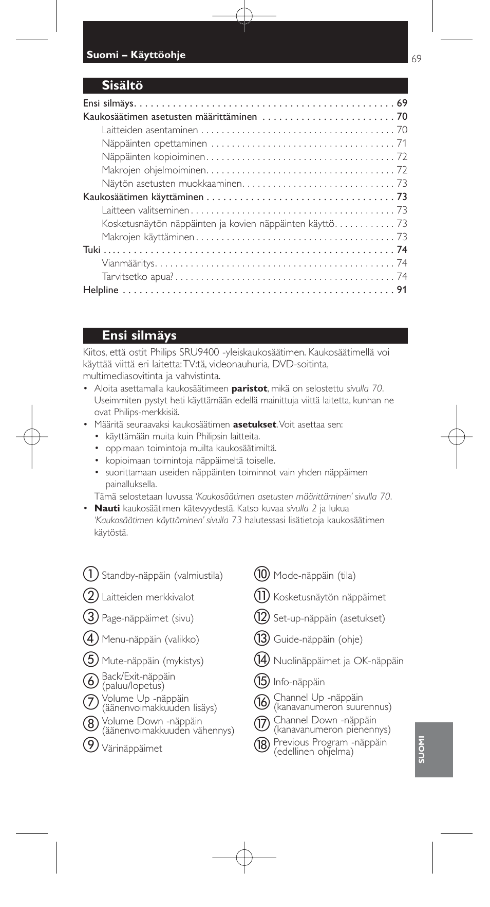 Sisältö, Ensi silmäys | Philips SRU9400 User Manual | Page 69 / 96