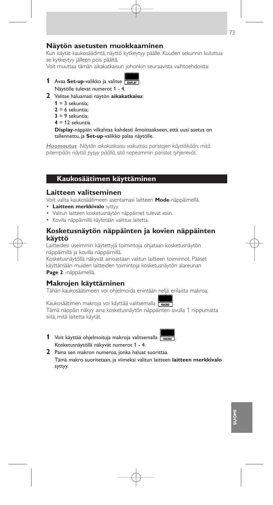 Näytön asetusten muokkaaminen, Kaukosäätimen käyttäminen laitteen valitseminen, Makrojen käyttäminen | Philips SRU9400 User Manual | Page 73 / 96