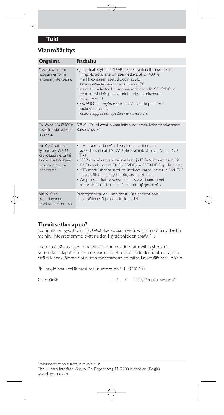 Tuki vianmääritys, Tarvitsetko apua | Philips SRU9400 User Manual | Page 74 / 96