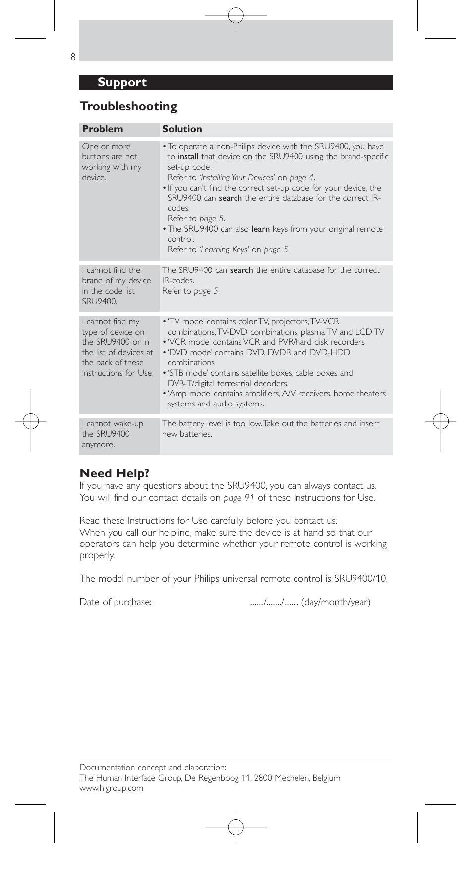 Support troubleshooting, Need help | Philips SRU9400 User Manual | Page 8 / 96
