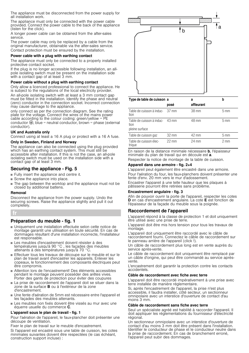 Power cable with a plug with earthing contact, Power cable without a plug with earthing contact, Uk and australia only | Only in sweden, finland and norway, Securing the appliance ­ fig. 5, Removal, Préparation du meuble - fig. 1, L'appareil sous le plan de travail - fig. 1, Appareil dans une armoire ­ fig. 2+4, Encastrement angulaire ­ fig. 3 | Bosch HBG38B950 Edelstahl Einbaubackofen User Manual | Page 5 / 16