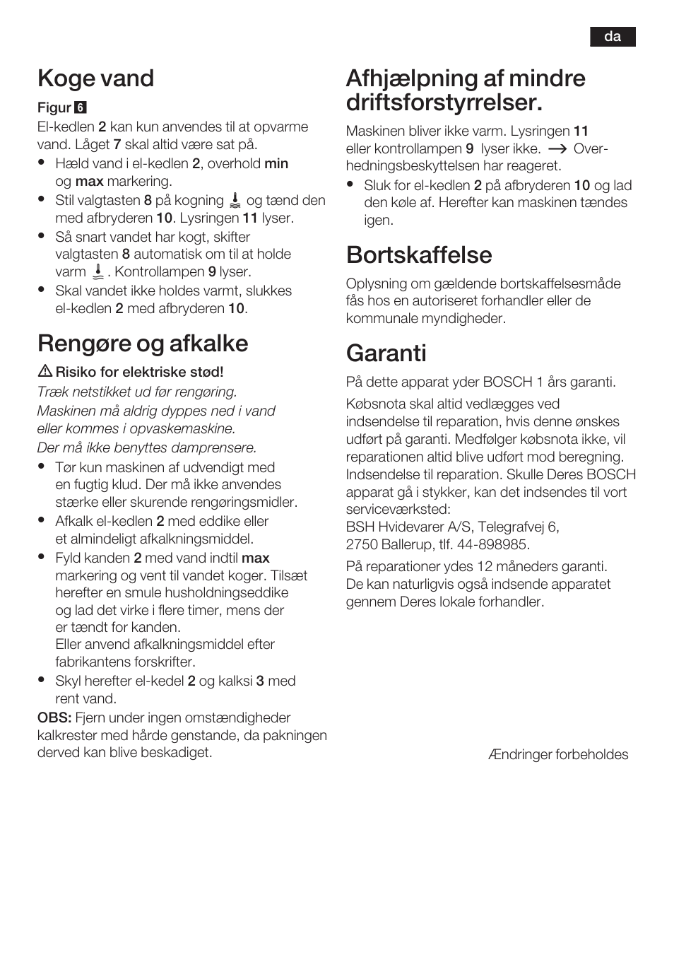 Koge vand, Rengøre og afkalke, Afhjælpning af mindre driftsforstyrrelser | Bortskaffelse, Garanti | Bosch TTA2009 Teebereiter Türkische Art Primärfarbe elfenbein Sekundärfarbe silber User Manual | Page 17 / 67