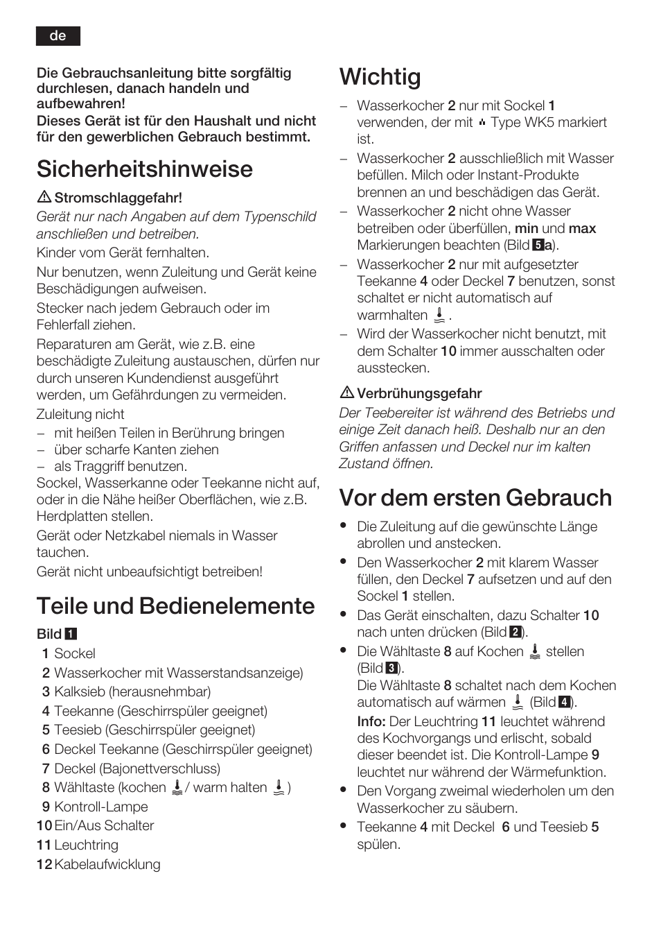 Sicherheitshinweise, Teile und bedienelemente, Wichtig | Vor dem ersten gebrauch | Bosch TTA2009 Teebereiter Türkische Art Primärfarbe elfenbein Sekundärfarbe silber User Manual | Page 2 / 67