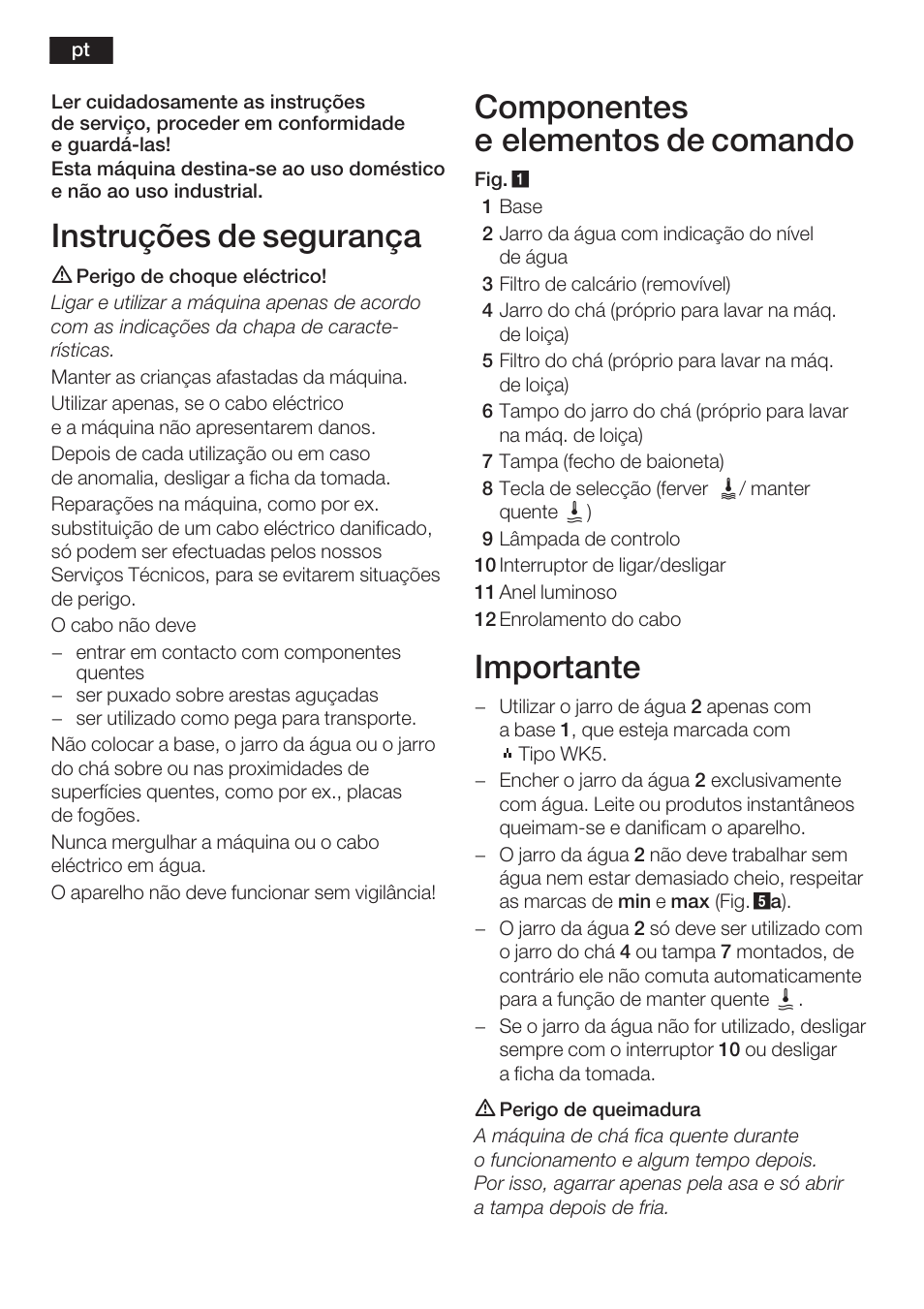 Instruções de segurança, Componentes e elementos de comando, Importante | Bosch TTA2009 Teebereiter Türkische Art Primärfarbe elfenbein Sekundärfarbe silber User Manual | Page 30 / 67