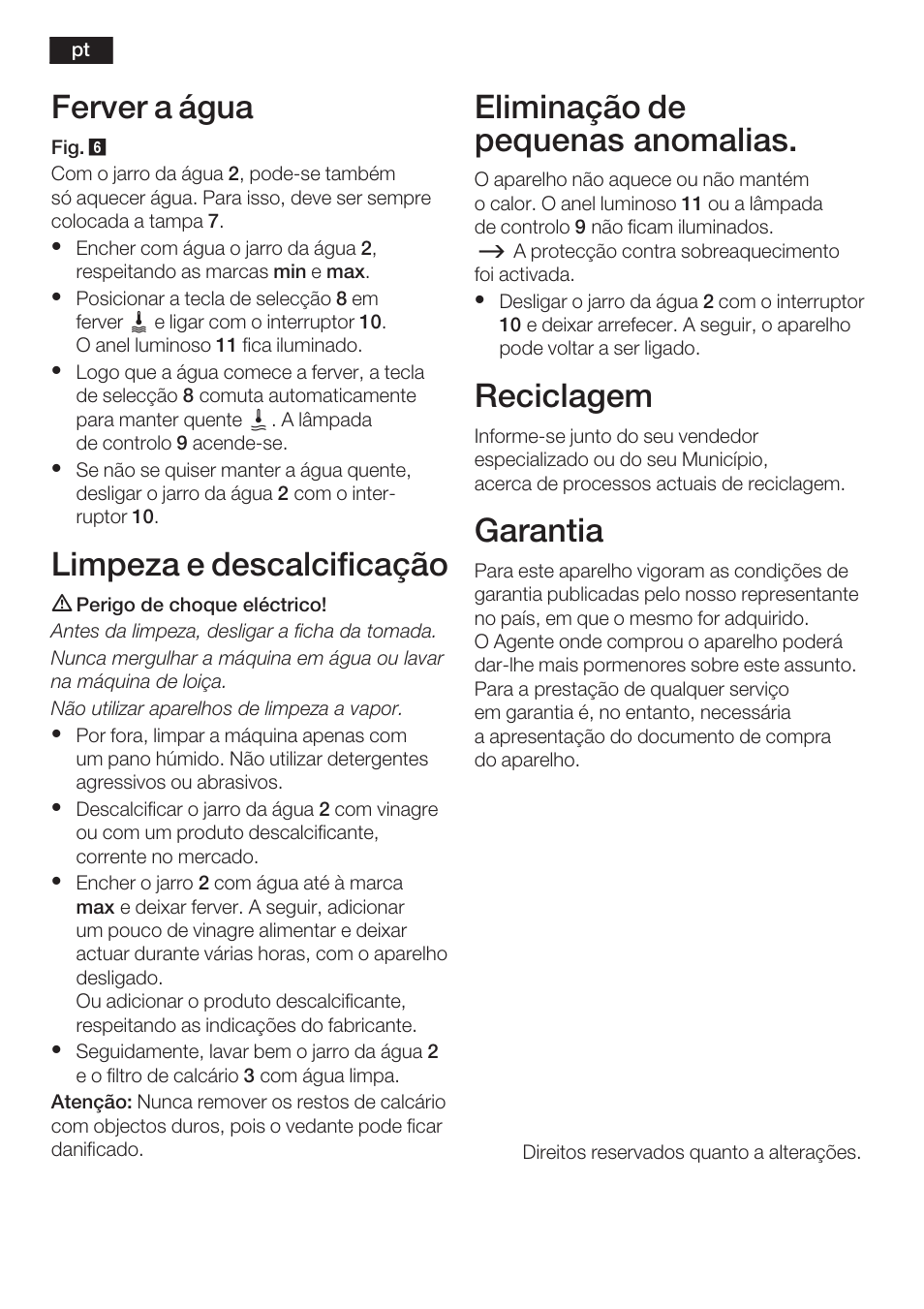 Ferver a água, Limpeza e descalcificação, Eliminação de pequenas anomalias | Reciclagem, Garantia | Bosch TTA2009 Teebereiter Türkische Art Primärfarbe elfenbein Sekundärfarbe silber User Manual | Page 32 / 67