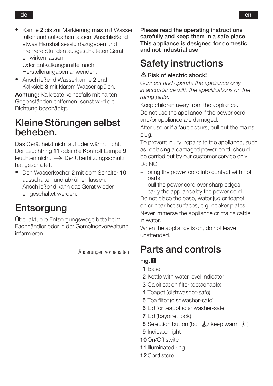 Kleine störungen selbst beheben, Entsorgung, Safety instructions | Parts and controls | Bosch TTA2009 Teebereiter Türkische Art Primärfarbe elfenbein Sekundärfarbe silber User Manual | Page 4 / 67