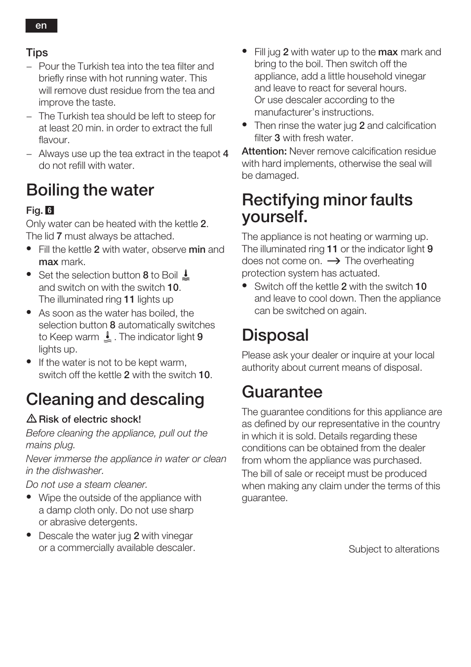 Boiling the water, Cleaning and descaling, Rectifying minor faults yourself | Disposal, Guarantee | Bosch TTA2009 Teebereiter Türkische Art Primärfarbe elfenbein Sekundärfarbe silber User Manual | Page 6 / 67