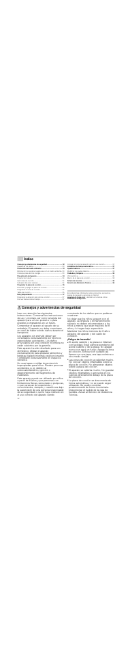 Û índice[es] instrucciones de uso, Consejos y advertencias de seguridad, Peligro de incendio | Índice | Bosch PKF375N14E Edelstahl Comfort-Profil Elektro-Kochstelle User Manual | Page 32 / 56