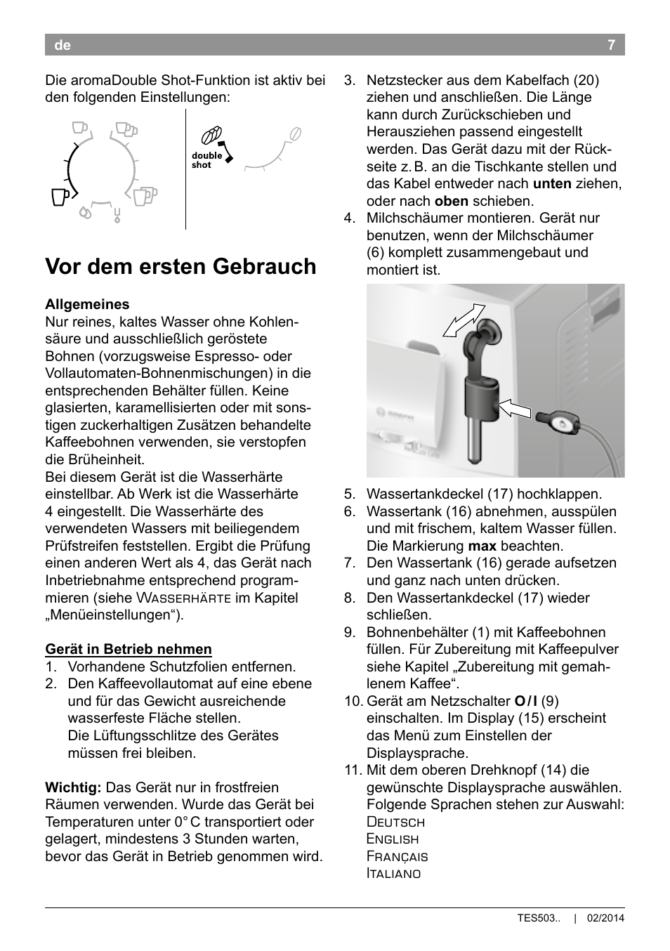 Vor dem ersten gebrauch | Bosch TES50358DE VeroCafe Latte Kaffeevollautomat Dunkelbraun Silent Evening User Manual | Page 11 / 94
