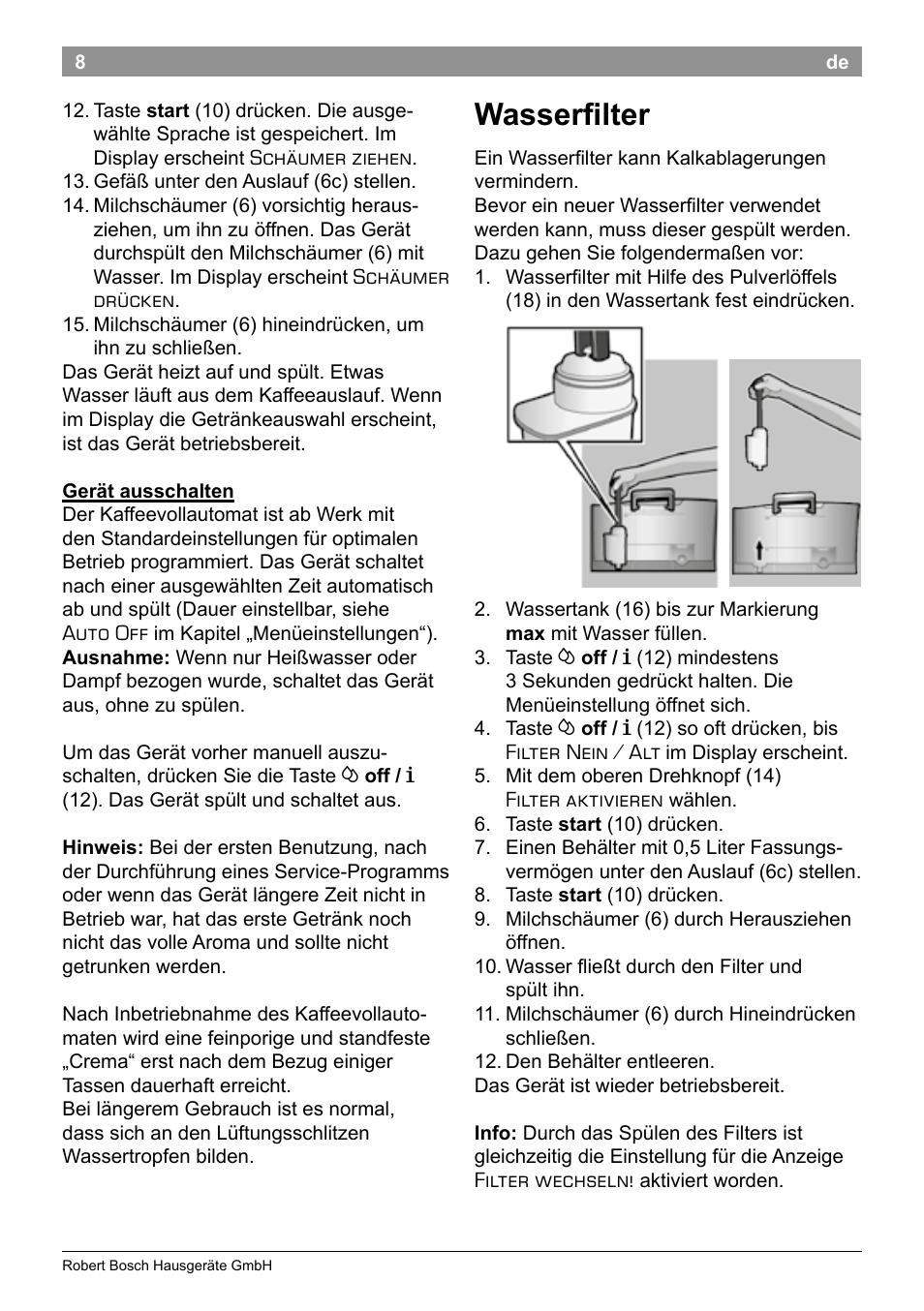 Wasserfilter | Bosch TES50358DE VeroCafe Latte Kaffeevollautomat Dunkelbraun Silent Evening User Manual | Page 12 / 94