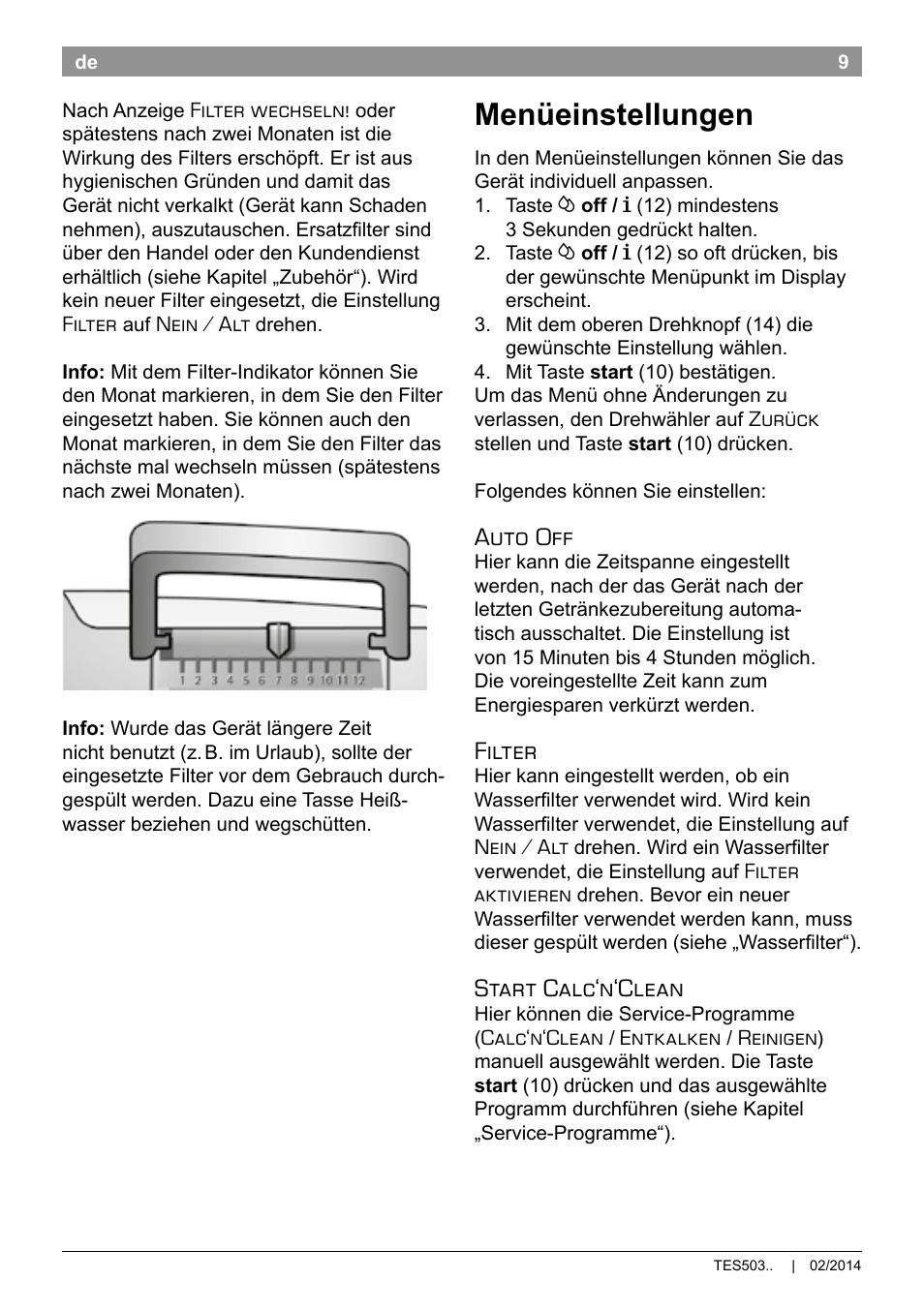 Menüeinstellungen, Auto off, Filter | Start calc‘n‘clean | Bosch TES50358DE VeroCafe Latte Kaffeevollautomat Dunkelbraun Silent Evening User Manual | Page 13 / 94