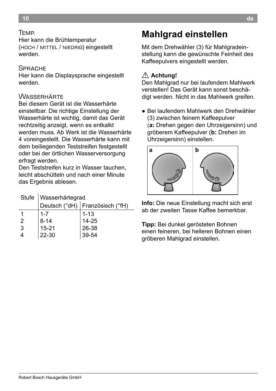 Mahlgrad einstellen, Temp, Sprache | Wasserhärte | Bosch TES50358DE VeroCafe Latte Kaffeevollautomat Dunkelbraun Silent Evening User Manual | Page 14 / 94