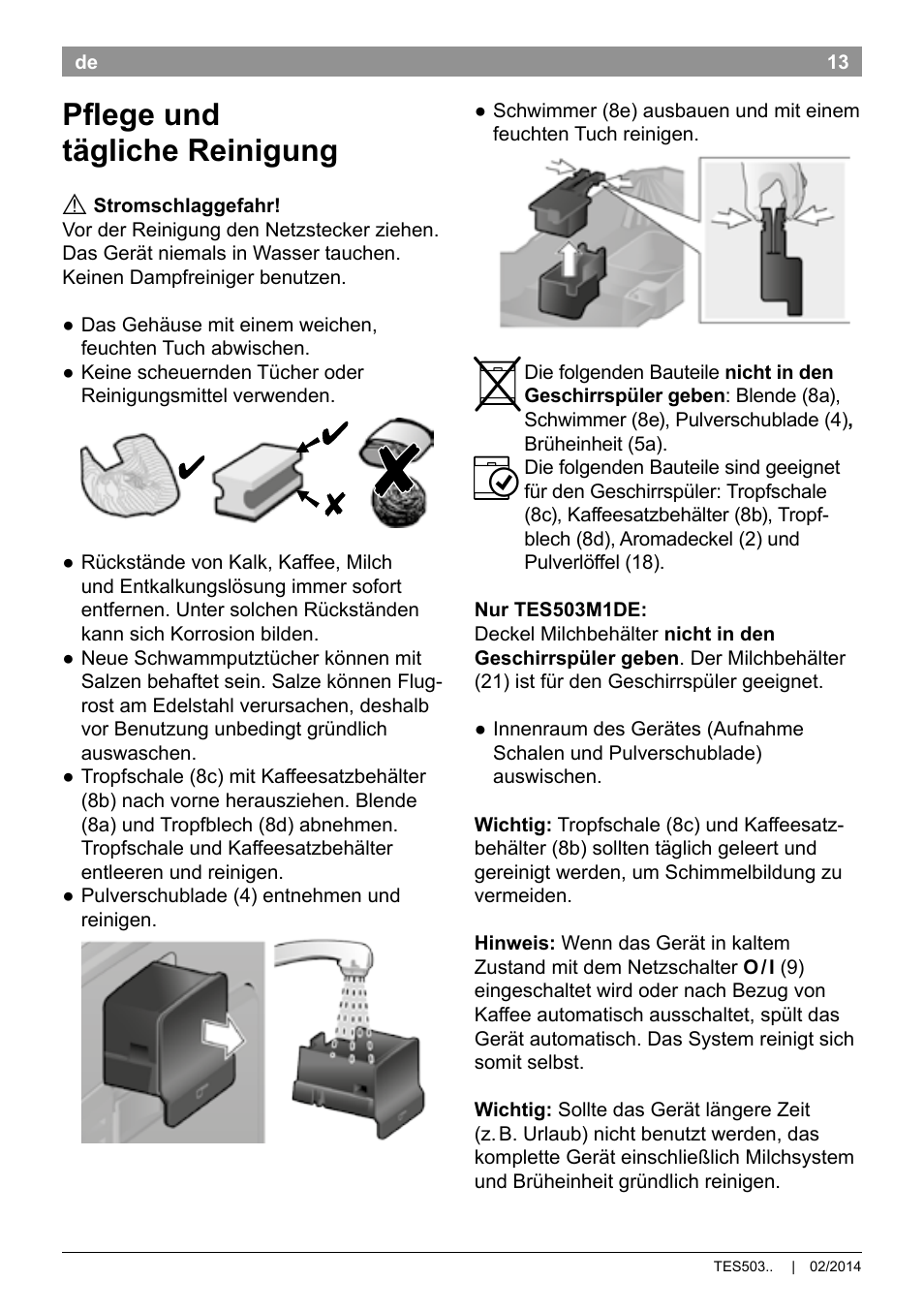 Pflege und tägliche reinigung | Bosch TES50358DE VeroCafe Latte Kaffeevollautomat Dunkelbraun Silent Evening User Manual | Page 17 / 94