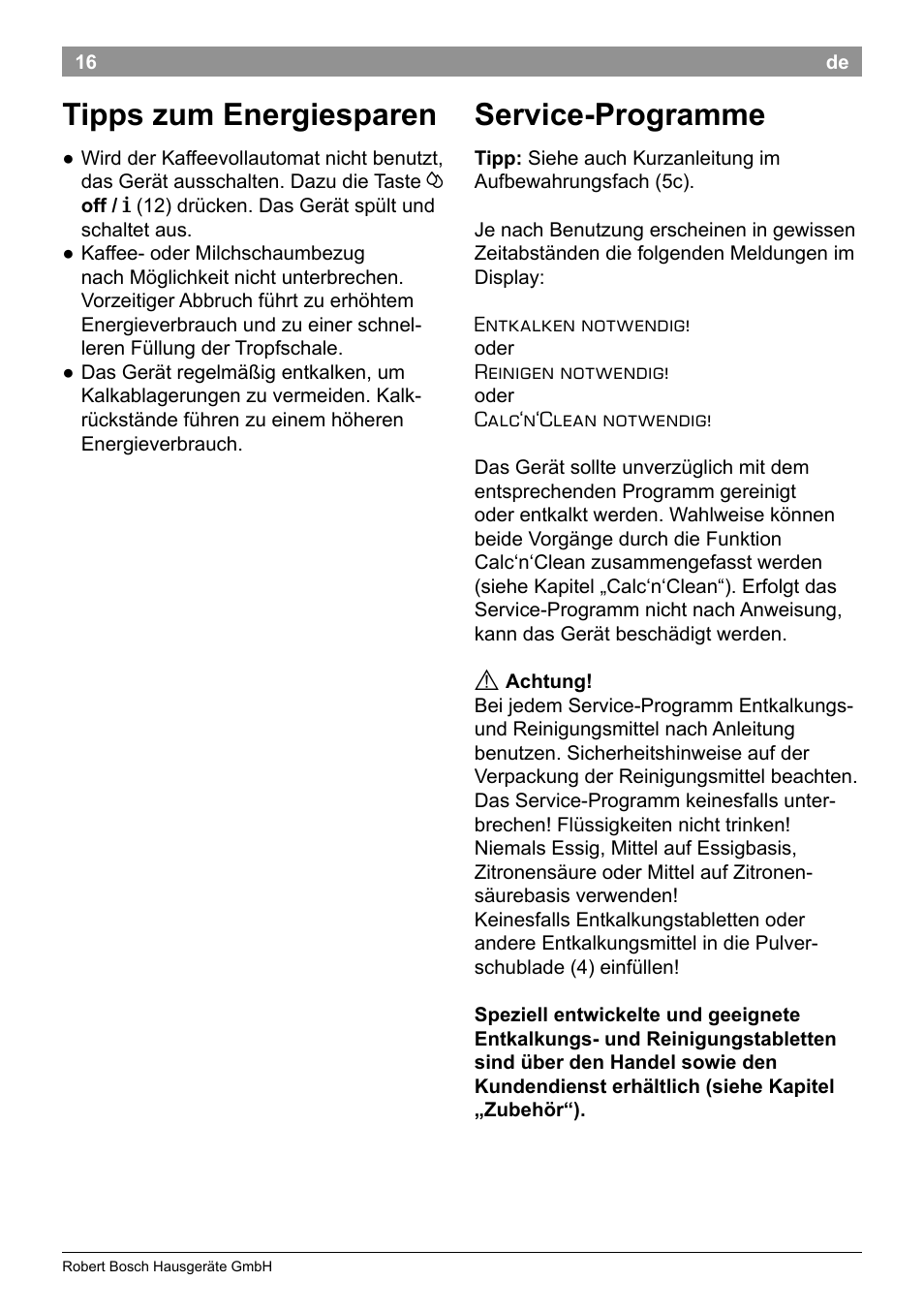 Tipps zum energiesparen, Service-programme | Bosch TES50358DE VeroCafe Latte Kaffeevollautomat Dunkelbraun Silent Evening User Manual | Page 20 / 94