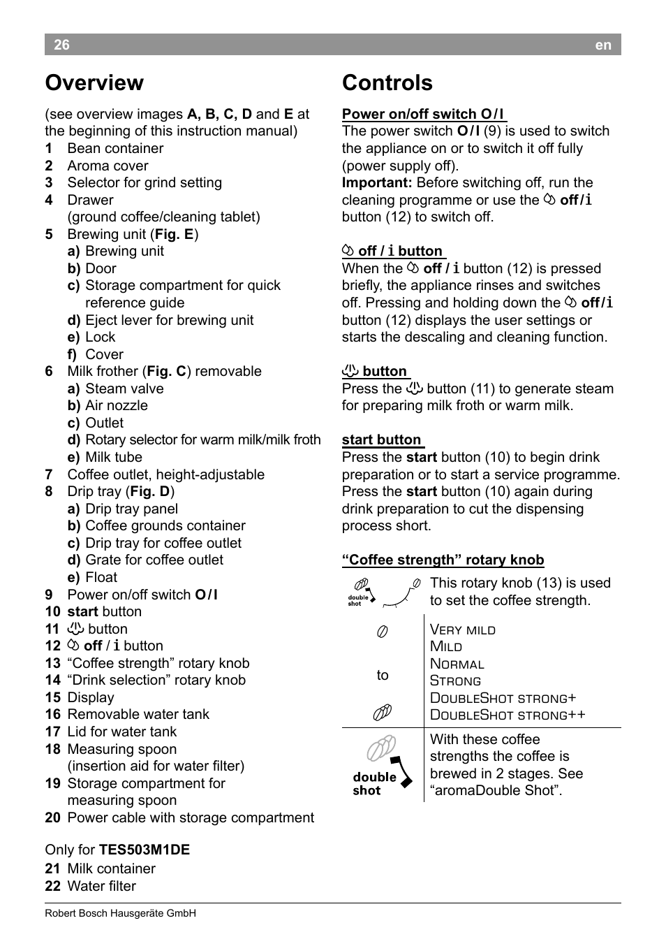 Controls, Overview | Bosch TES50358DE VeroCafe Latte Kaffeevollautomat Dunkelbraun Silent Evening User Manual | Page 30 / 94