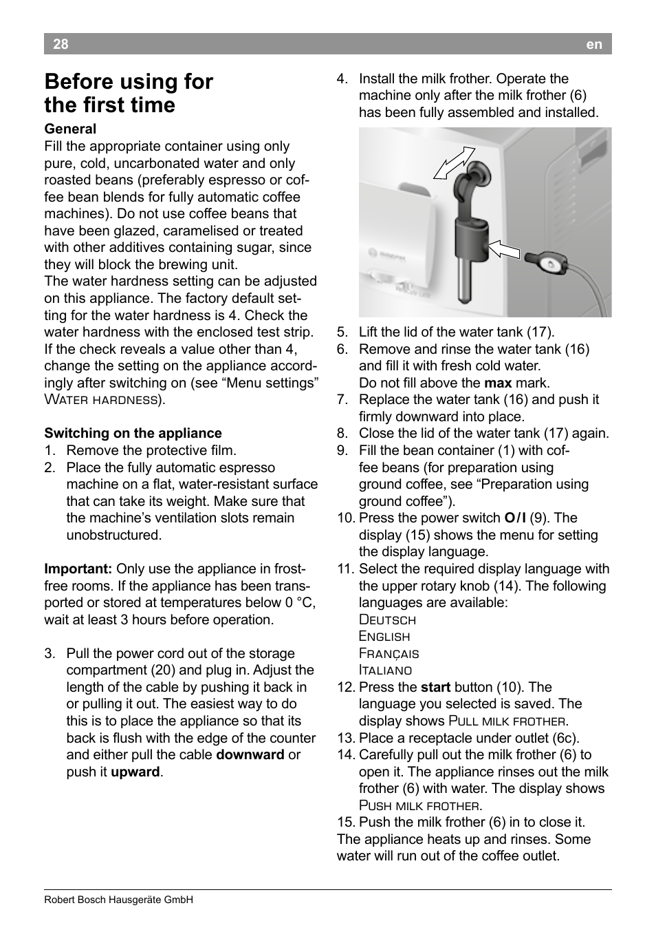 Before using for the first time | Bosch TES50358DE VeroCafe Latte Kaffeevollautomat Dunkelbraun Silent Evening User Manual | Page 32 / 94